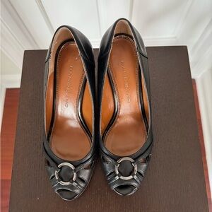 Bandolino Black Leather Peep-Toe Heels with Silver Ring Detail